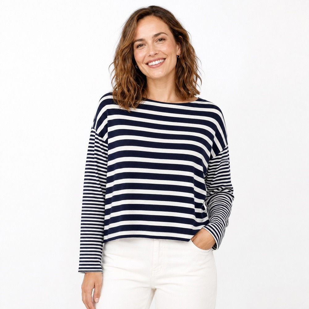 Rag & Bone‎ Striped Long Sleeve Top Womens XS Navy White Boat Neck Rayon Blend